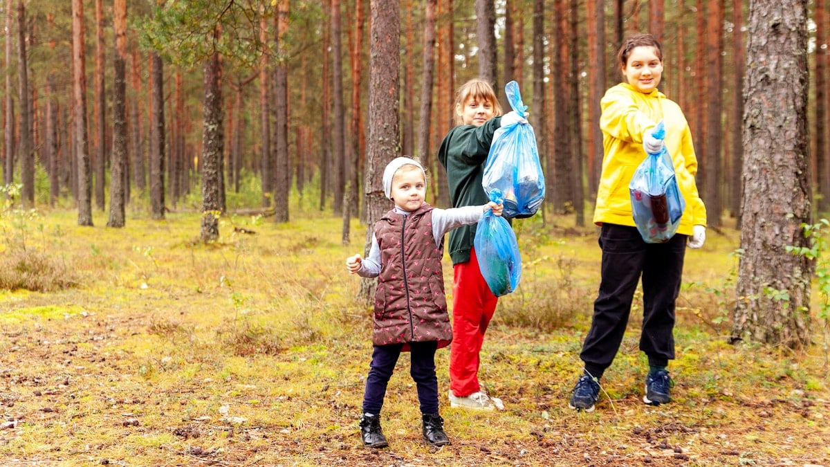 a group of children walking through a forest